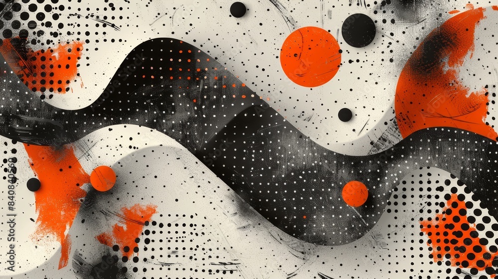 Obraz premium Abstract Black, White, and Orange Dotted Waves Background