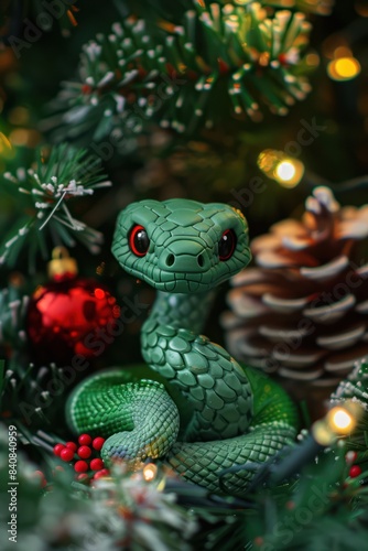 A Green Snake Toy Smiles Near Christmas Lights © Daniil