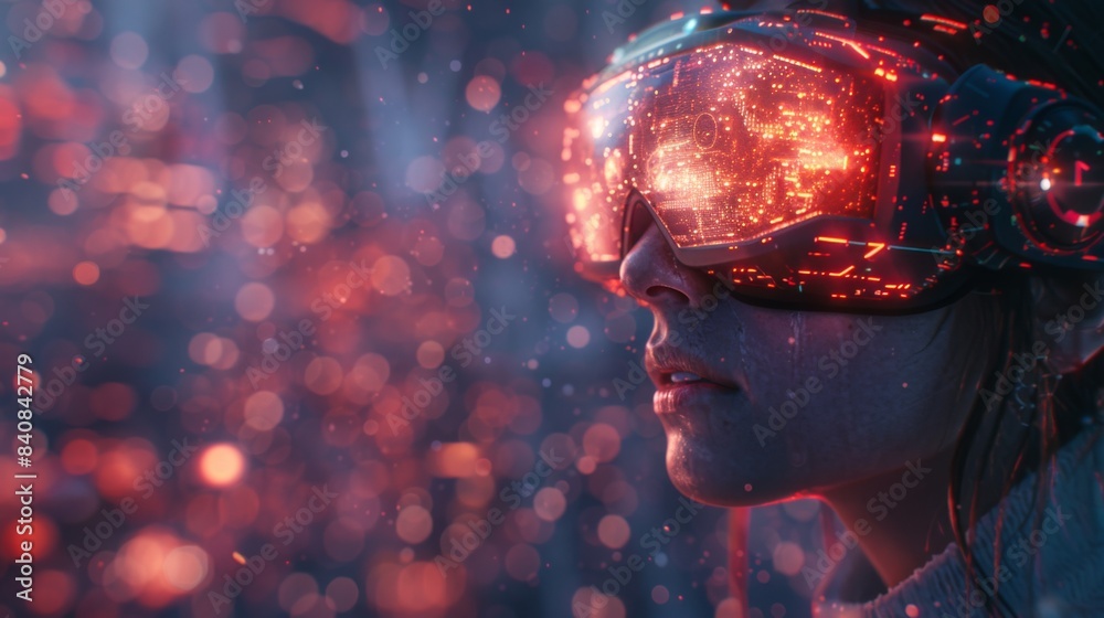 Design a mesmerizing scene featuring VR goggles users immersed in a virtual realm filled with dynamic AI animations and spinning