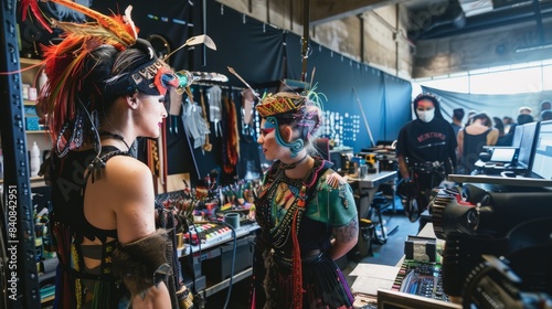 A candid photo of performers getting ready backstage before a show. The performers are wearing elaborate costumes and makeup, and props are visible in the background photo