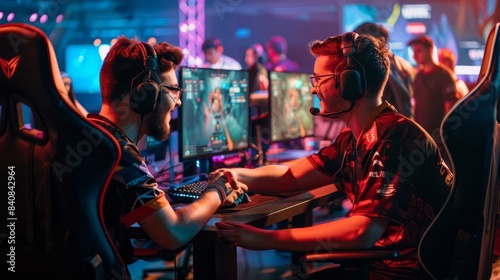 Two esports competitors shake hands before a match  seated at their gaming desks in a brightly lit arena