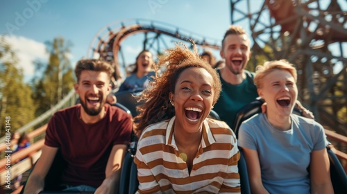 A group of friends experience the exhilarating rush of a roller coaster ride, their joyful expressions captured in a moment of pure fun