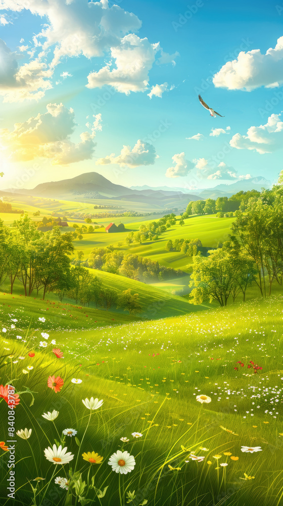 Naklejka premium A green meadow with rolling hills and white flowers, a single bird flies across the blue sky with puffy white clouds