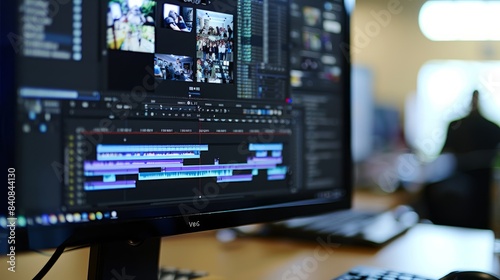 A close-up photo of a computer monitor showcasing a video editing timeline with multiple clips arranged in sequence © Ilia Nesolenyi