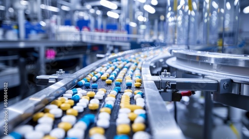  A wideangle photo of a hightech pill manufacturing line within a modern pharmaceutical facility The image showcases sophisticated