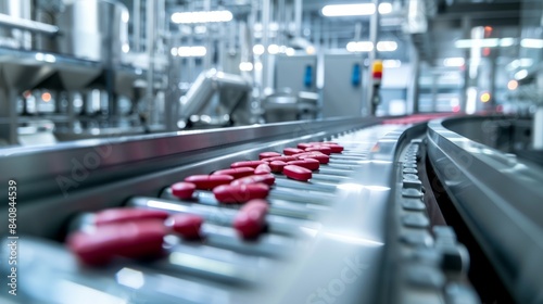 A wide-angle photo showcasing a high-tech pill manufacturing line in a modern pharmaceutical facility. The image captures a conveyor belt with red pills moving along it
