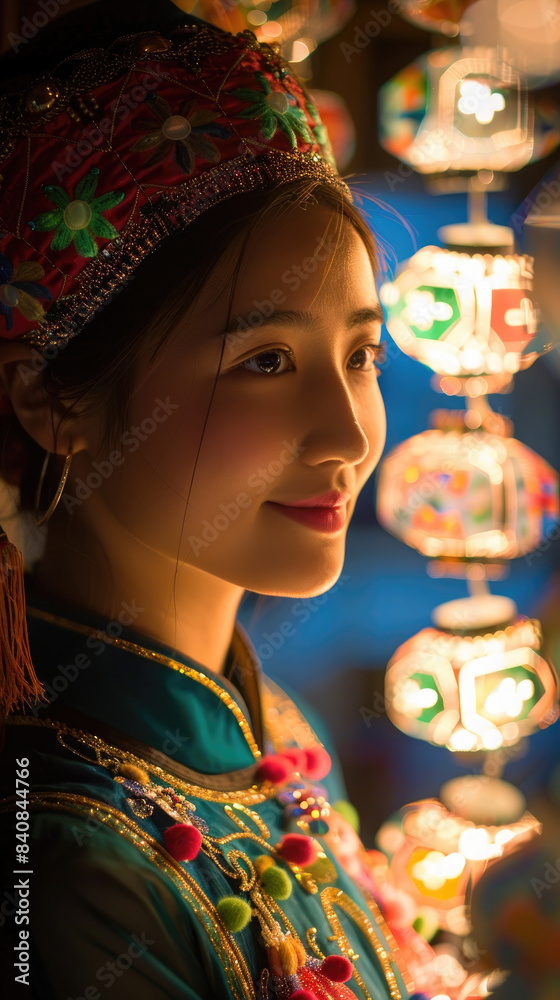 Obraz premium A young woman in traditional Vietnamese clothing stands in front of a string of colorful lanterns, smiling softly