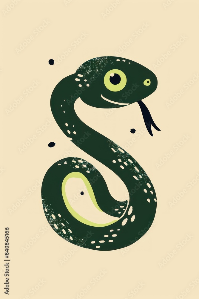 Fototapeta premium Cartoon Green Snake With Large Eyes Peeking Out From Behind a Wall