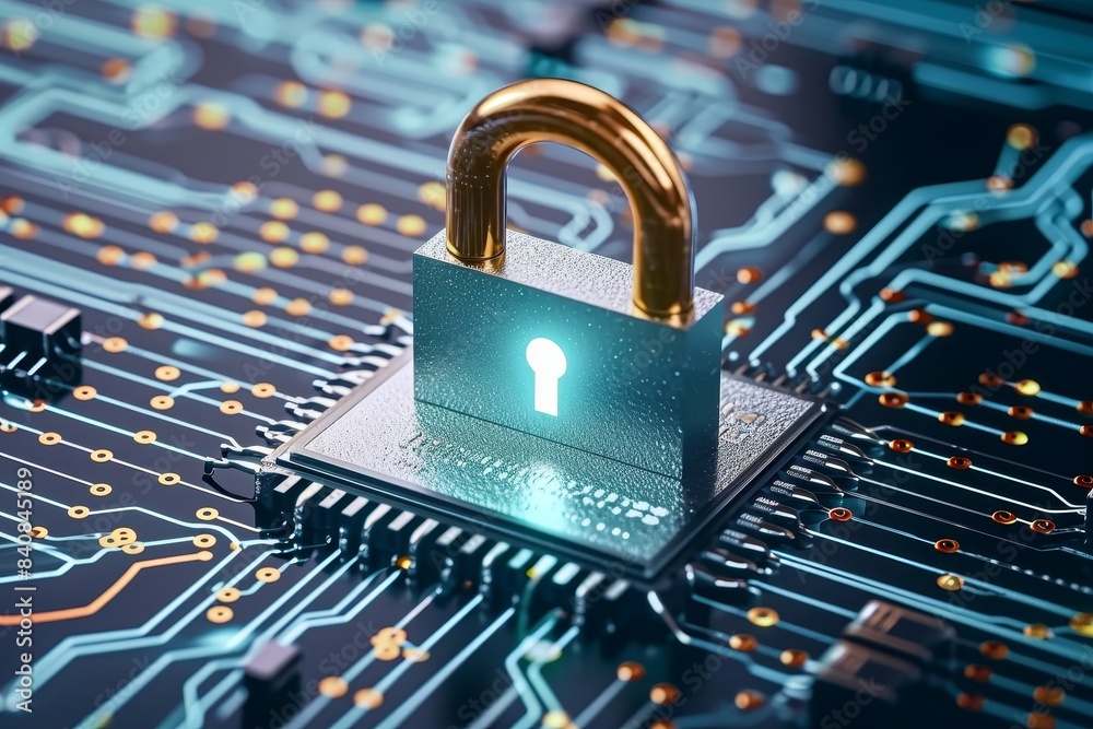padlock icon placed on a circuit board background Generative AI padlock icon placed on a circuit board background Generative AI
