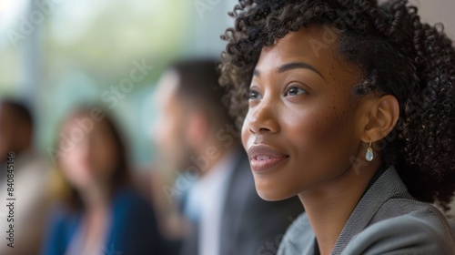 A close-up portrait of a professional woman with a focused expression during a conference breakout session. She is listening intently to the speaker, highlighting the engaged atmosphere of the event © Ilia Nesolenyi