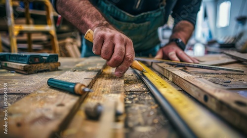 A close-up photo of a carpenters hands measuring and marking wood with a ruler and pencil. The photo is focused on the tools and the hands, capturing the precision and detail of woodworking