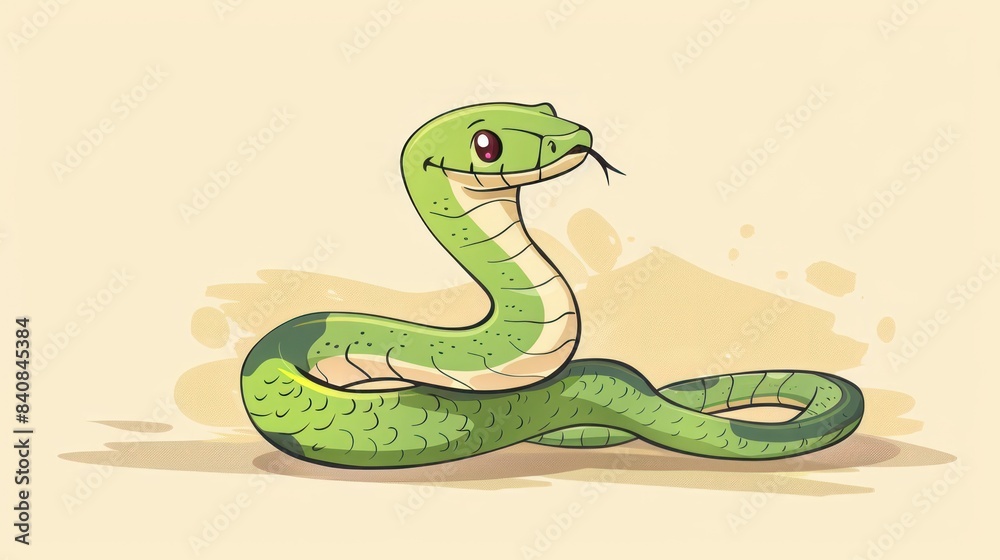 Naklejka premium Cartoon Green Snake With Large Eyes Peeking Out From Behind a Wall