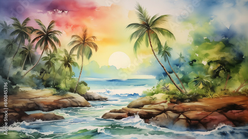 Watercolor tropical beach sunset landscape