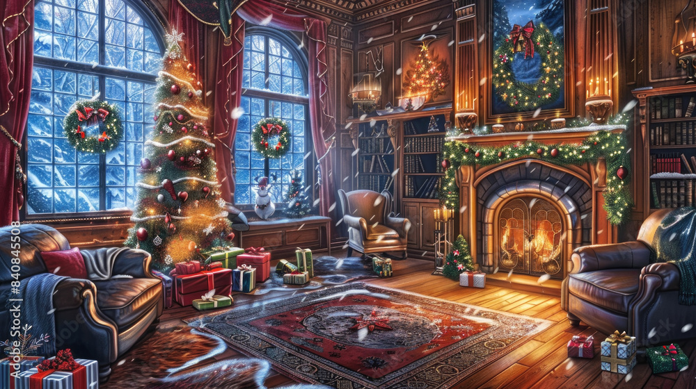 A warm and inviting living room decorated for Christmas. A lit fireplace, a decorated Christmas tree, and presents under the tree add to the festive atmosphere