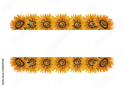 Watercolor sunflowers border. Rectangular frame with yellow flowers. Summer floral composition. Autumn flowers arrangement. Hand drawn botanical illustration for postcard, invitation, greeting.