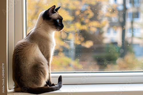 Siamese cat on a windowsill looking out at the autumn foliage