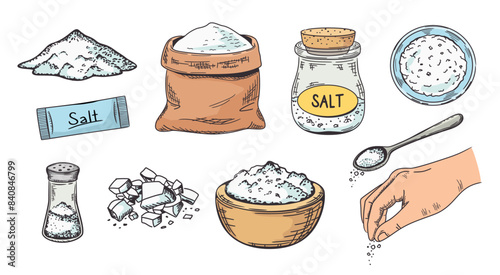 Sketch salt. Hand drawn pile of salt, corked glass jar and rock salt crystals. Seasoning vector illustration set