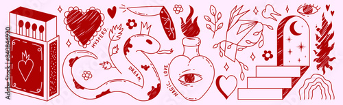 A set of vintage simple boho illustrations. The concept of mysticism, isotericism. Elements for tattoo.