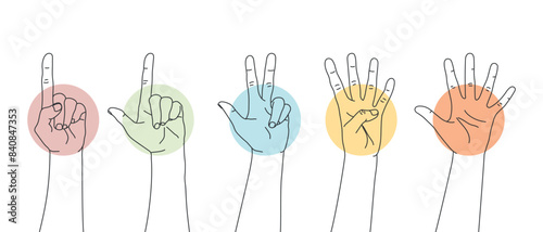 Set of outline hands counting numbers from one to five. Hand gestures. Vector illustration