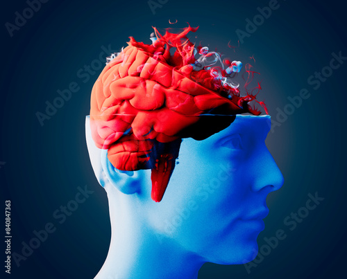 Face seen from the side. Memory lapses. Brain degenerative diseases, Parkinson, synapses, neurons, Alzheimer's, illness, concept. 3d rendering
 photo