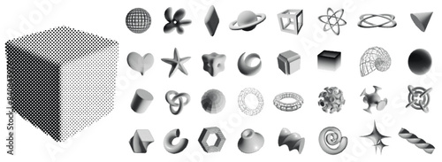 Halftone 3D shapes. Geometric figures and abstract forms with halftone shading dotted gradient patterns. Isolated vector set