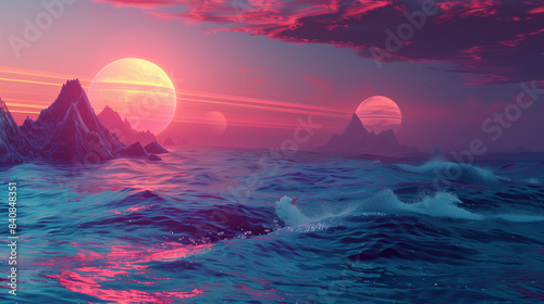 alien ocean landscape with dual suns