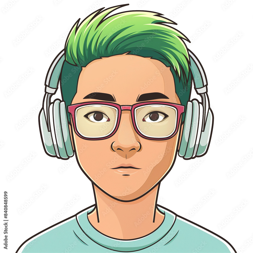 young asian man with green hair wearing glasses and headphones. png . clip art . vector cartoon art style . remove background young asian man with green hair wearing glasses and headphones. png . clip art . vector cartoon art style . remove background