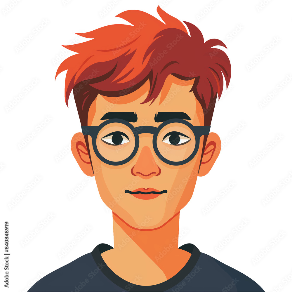 young asian man with red hair wearing glasses . png . clip art . vector cartoon art style . remove background 