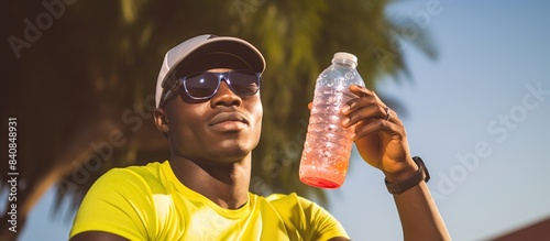 portrait of African American athlete drinking energy drink when thirsty after exercise photo