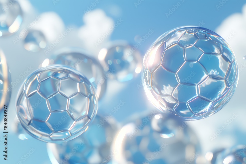 Naklejka premium Intricate blue and transparent spheres with inner structures, showcasing a high-tech and scientific representation of molecular compositions and research, Gernerative AI