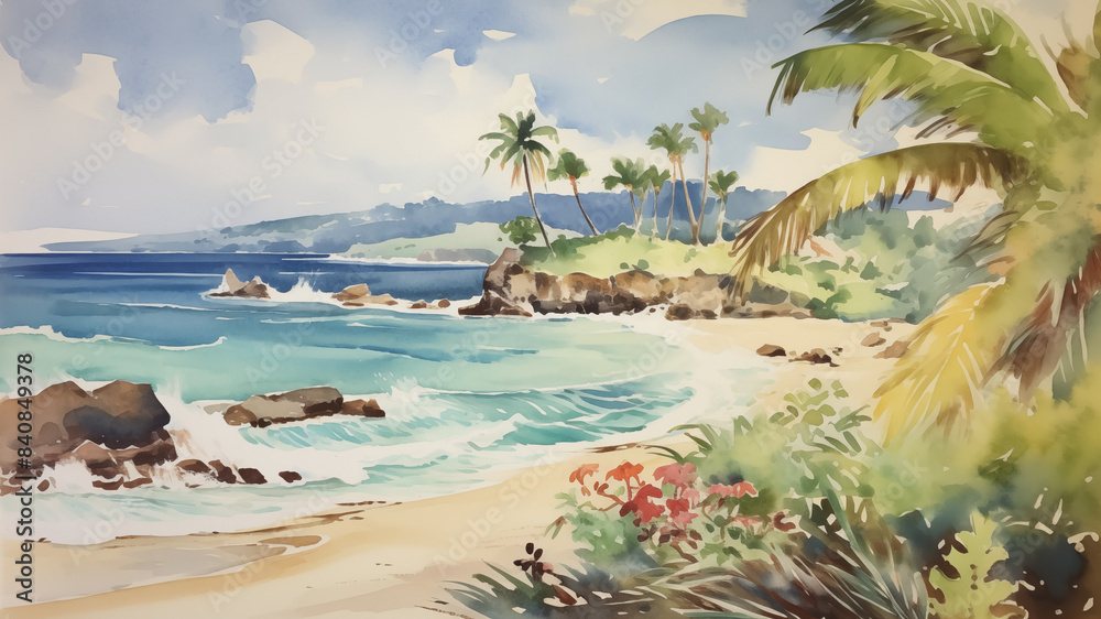Watercolor tropical beach landscape with palm trees