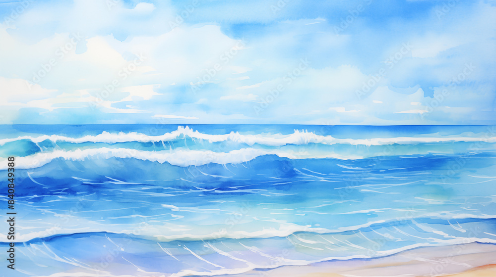 Watercolor painting of a tranquil tropical beach scene with rolling blue waves and clear blue sky