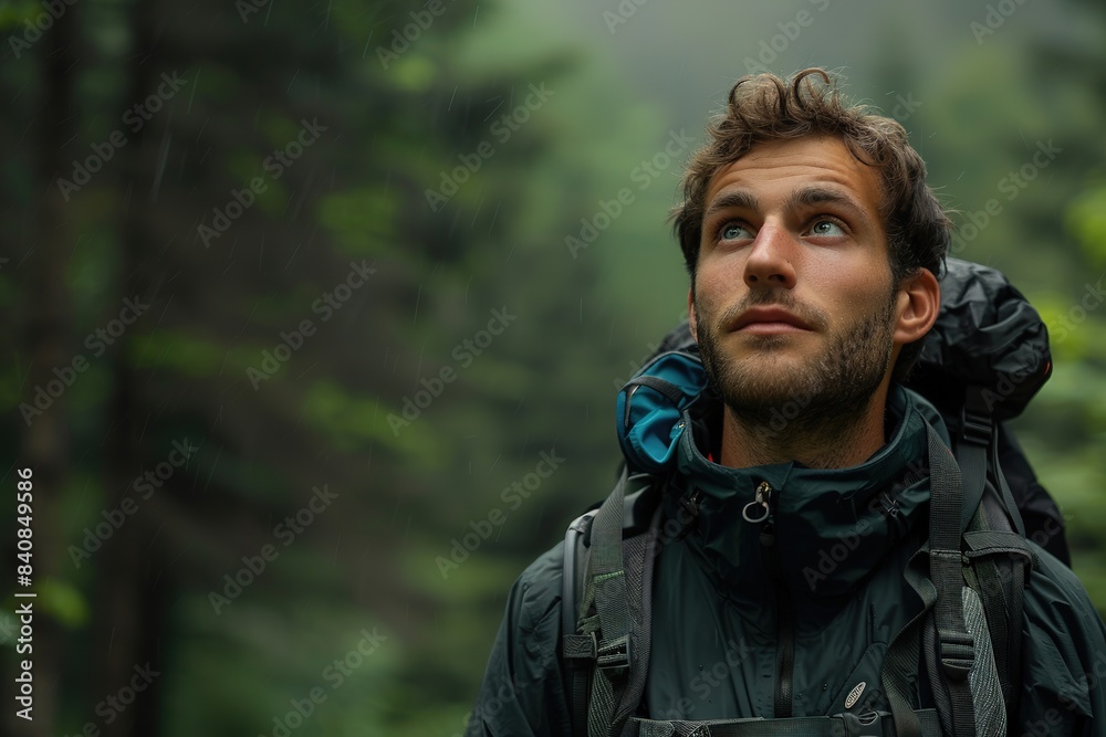 Man with backpack gazes upward, contemplating the rain in a lush forest. Man with backpack gazes upward, contemplating the rain in a lush forest.