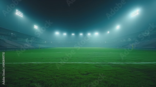Empty Football Stadium Field At Night With Lights On