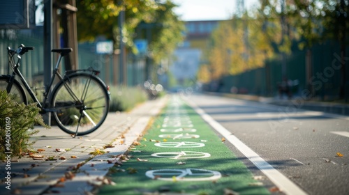 A bicycle parked on the sidewalk next to a dedicated bike lane in an urban environment. The lane is marked with green paint and white bike symbols, and the background is a sunny, tree-lined street photo