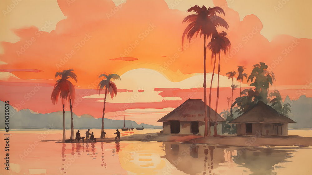 Fototapeta premium Tropical sunset landscape with palm trees and huts