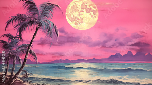 Watercolor tropical beach landscape under full moon