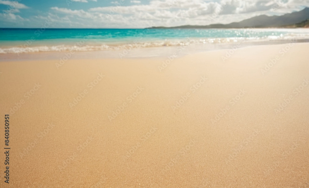Beautiful Beach with White Sand, Turquoise Ocean, and Blue Sky Panoramic Summer Vacation Background Beautiful Beach with White Sand, Turquoise Ocean, and Blue Sky Panoramic Summer Vacation Background