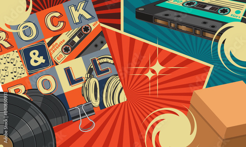 Surrealistic collage with vinyl record, audio cassette and other randomly placed objects symbolizing the 80s. Vector illustration