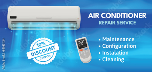 Air conditioner service. HVAC repair and maintenance service flyer banner with discount coupon and realistic air conditioner with cold air vector illustration.
