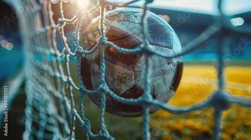 Close-Up View of a Soccer Ball in the Goal Net During a Game