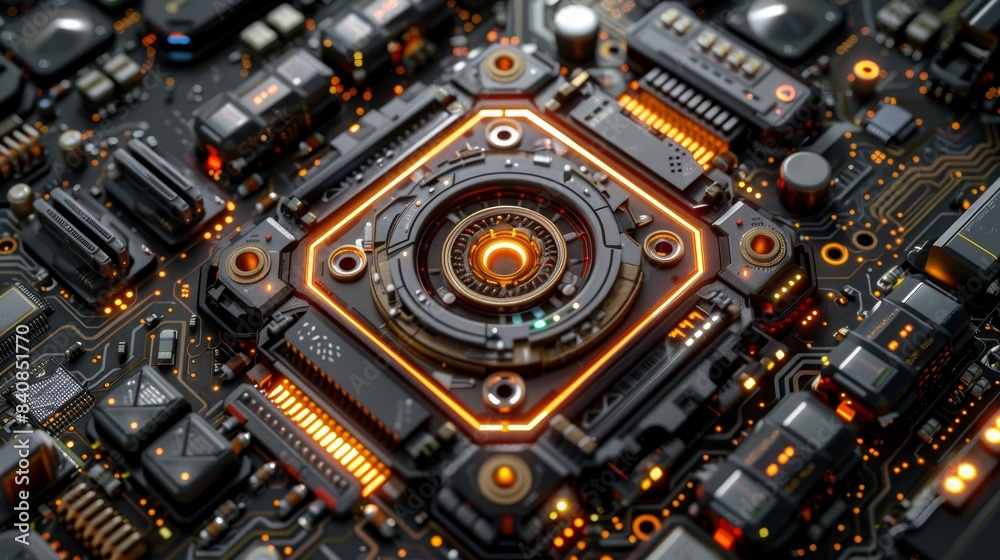 Fototapeta premium Glowing Orange Circuitry With Central Processor