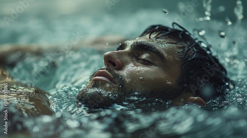 A close-up shot captures a mans face submerged in water, with rippling water emphasizing the moment of immersion and purification photo