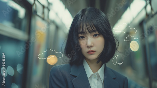 Korean girl in a sharp suit, standing alone in front of a subway train background, with a tired expression photo