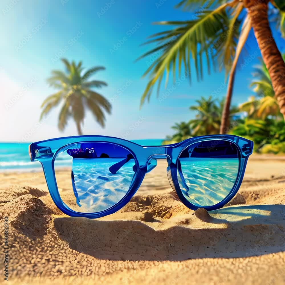 Close up of blue sunglasses on a sand in the beach with palm trees and blue sky at bright sunny day, bokeh background, copy space area for Hello Summer. Close up of blue sunglasses on a sand in the beach with palm trees and blue sky at bright sunny day, bokeh background, copy space area for Hello Summer.
