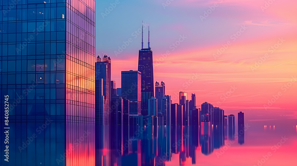 Modern futuristic abstract of minimalistic cityscape with twilight sky. Artistic towering skyscraper background with gradient sky in evening time while people turning on the light in tower.