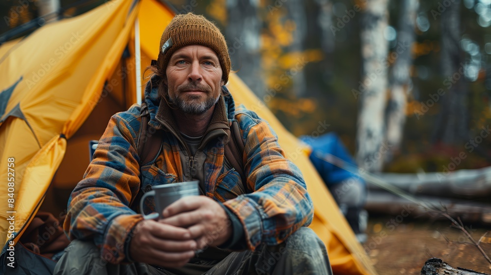 Obraz premium Man Sitting Inside Tent in Woods Portrait