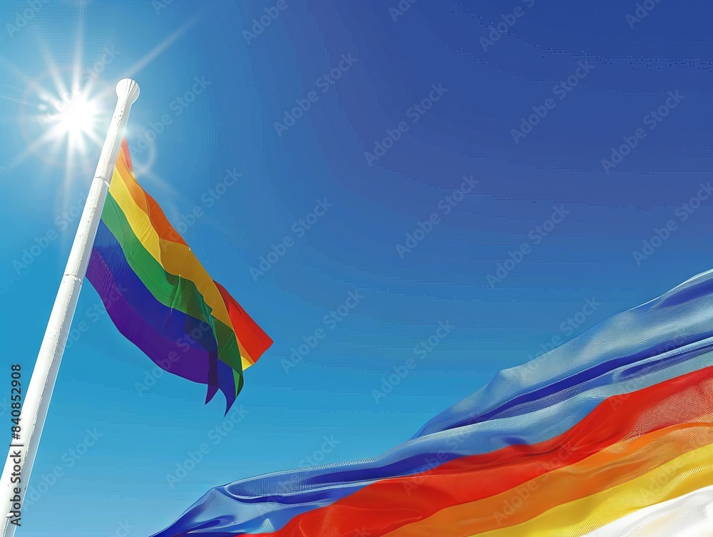 The rainbow flag flutters in the wind against a clear blue sky, a ...
