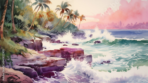 Watercolor palm trees and breaking waves on a tropical beach