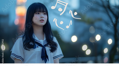 Japanese girl in a white sailor school uniform standing alone and singing on an outdoor park stage in Tokyo with Tokyo Tower blurred in the bokeh background photo